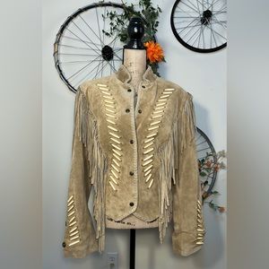 Tansmith Vintage Fringe Western Genuine Leather Jacket Sz Sml Bead Bone Accents